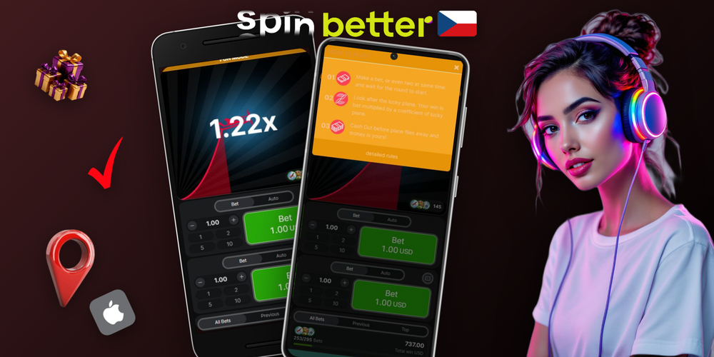 Herní obrazovka Aviator game na Spinbetter s multiplikátorem a panelem sázek