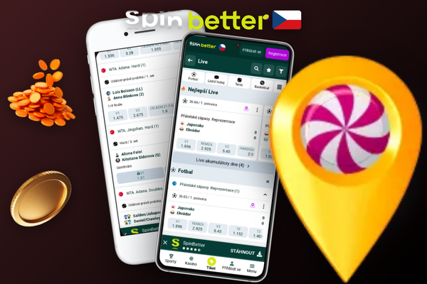 Spinbetter mobile zobrazuje živý přenos zápasu s překryvem kurzů v jediném okně